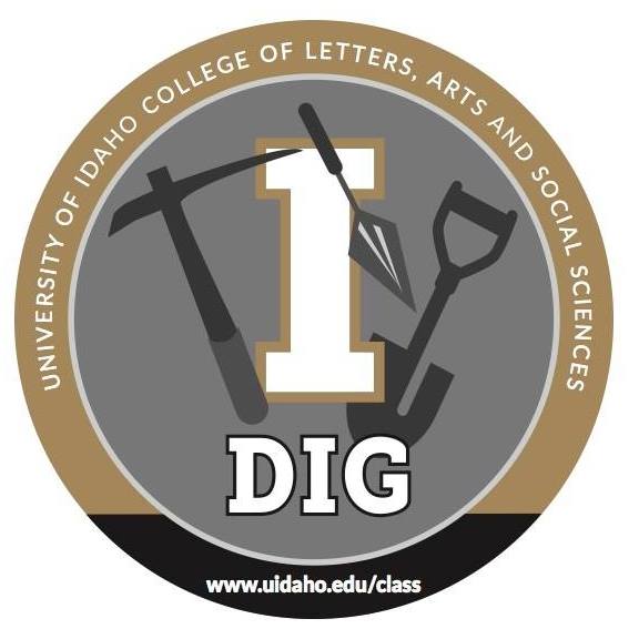 Round logo image with a pickaxe, shovel, and spade that says University of Idaho College of Letters, Arts, and Social Sciences around the outside with the word DIG in the middle