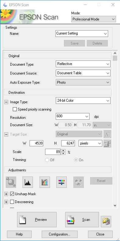 Screenshot of the scanner settings dialog box