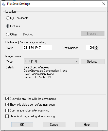 Screenshot of the scanner settings dialog box