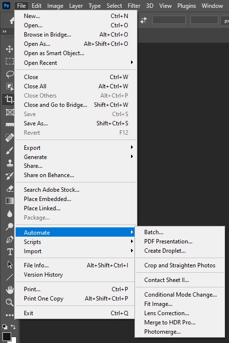 Screenshot showing how to navigate to Adobe's batch process feature