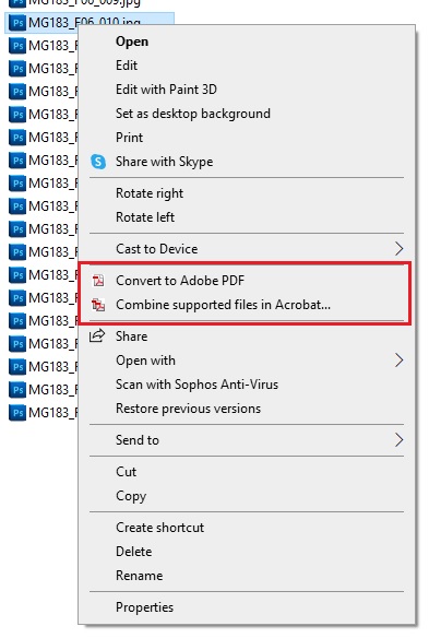 Screenshot showing how to navigate to options for converting or combining files to create a PDF